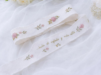 Personalized Hydrangea Wedding Set, Hand Embroidered Ring Pillow, Bouquet Ribbon & Sachet Bag, Pink Olive Bridal Keepsake Gift