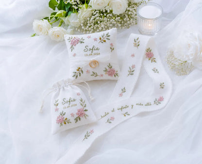 Personalized Hydrangea Wedding Set, Hand Embroidered Ring Pillow, Bouquet Ribbon & Sachet Bag, Pink Olive Bridal Keepsake Gift