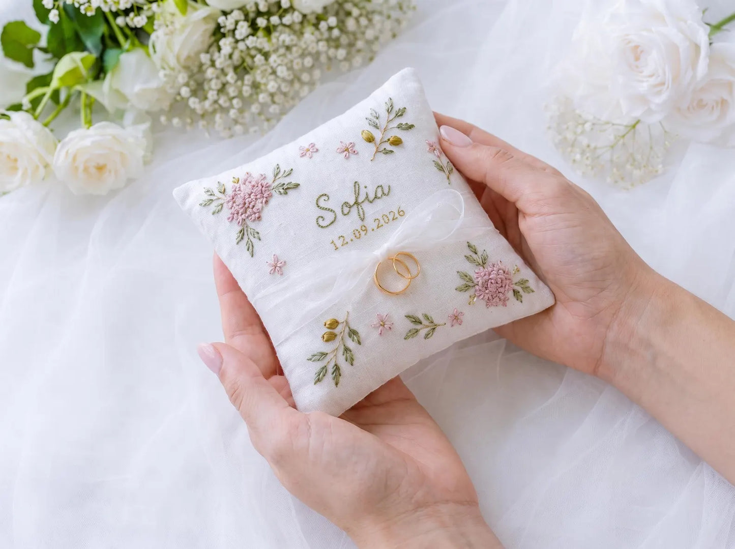 Personalized Hydrangea Wedding Set, Hand Embroidered Ring Pillow, Bouquet Ribbon & Sachet Bag, Pink Olive Bridal Keepsake Gift