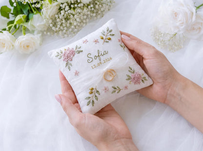 Personalized Hydrangea Wedding Set, Hand Embroidered Ring Pillow, Bouquet Ribbon & Sachet Bag, Pink Olive Bridal Keepsake Gift