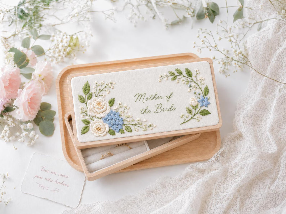 Personalized Mother of the Bride Jewelry Box, White Rose Hydrangea Embroidery, Mother of the Groom Gift, Floral Wooden Keepsake Box, for Mom