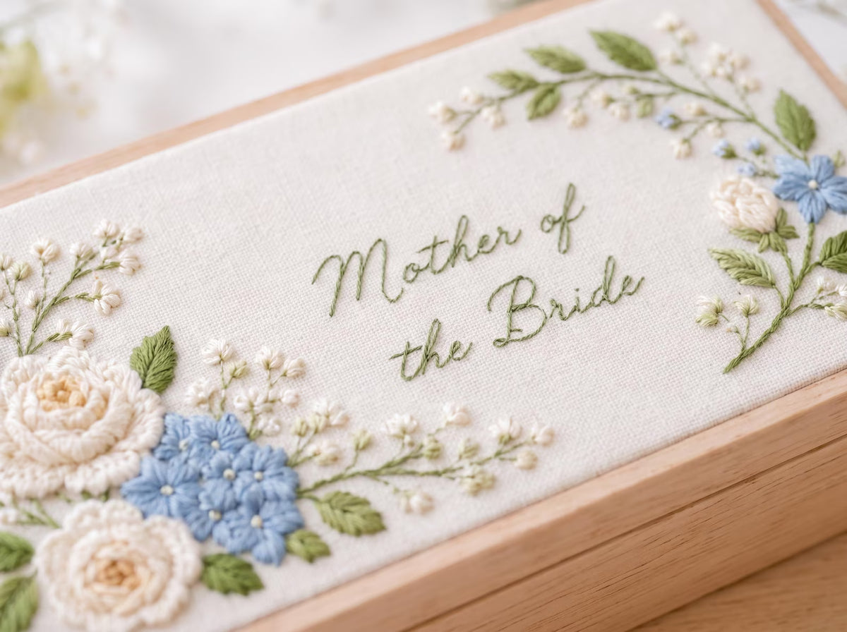 Personalized Mother of the Bride Jewelry Box, White Rose Hydrangea Embroidery, Mother of the Groom Gift, Floral Wooden Keepsake Box, for Mom