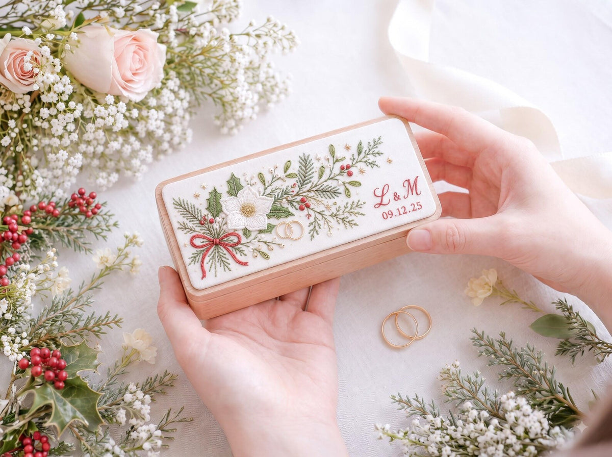 Personalized Wedding Ring Box, Hand Embroidered Wooden Ring Holder, Christmas Roses and Holly, Custom Initials & Date Heirloom Keepsake Gift