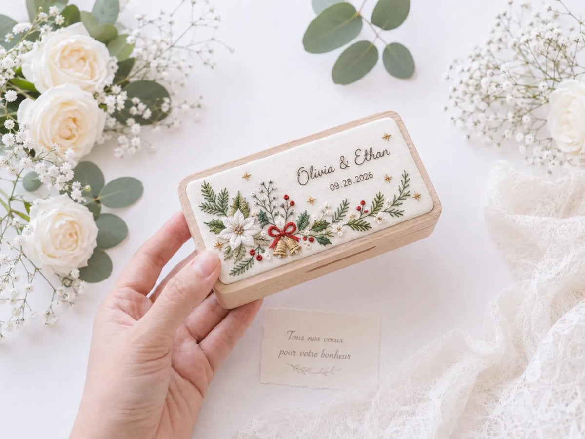 Personalized Christmas Wedding Ring Box, Hand Embroidered Wooden Ring Holder, Custom Names and Date, Evergreen Bridal Heirloom Keepsake Gift