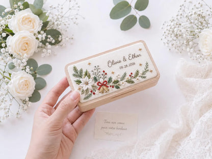 Personalized Christmas Wedding Ring Box, Hand Embroidered Wooden Ring Holder, Custom Names and Date, Evergreen Bridal Heirloom Keepsake Gift