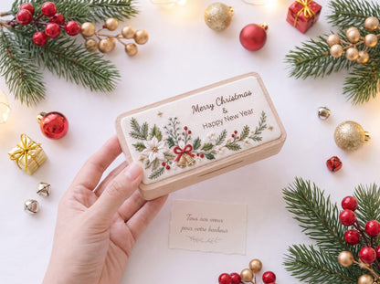 Personalized Christmas Wedding Ring Box, Hand Embroidered Wooden Ring Holder, Custom Names and Date, Evergreen Bridal Heirloom Keepsake Gift