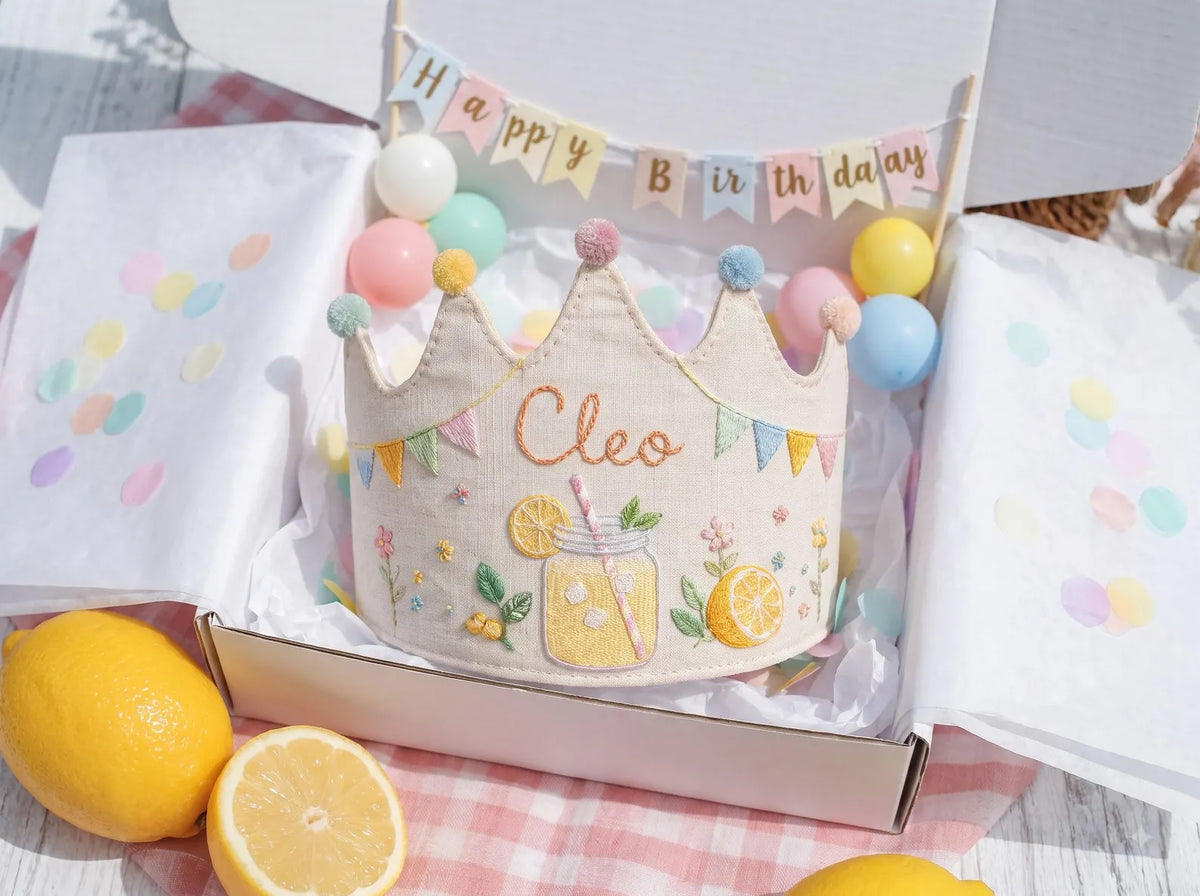 Personalized Birthday Crown, Hand Embroidered Lemon Party Hat, Custom Name Linen Crown, First Birthday Gift, Summer Picnic Keepsake for Kids