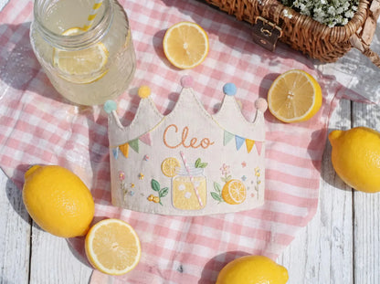 Personalized Birthday Crown, Hand Embroidered Lemon Party Hat, Custom Name Linen Crown, First Birthday Gift, Summer Picnic Keepsake for Kids