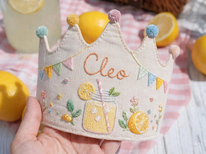 Personalized Birthday Crown, Hand Embroidered Lemon Party Hat, Custom Name Linen Crown, First Birthday Gift, Summer Picnic Keepsake for Kids