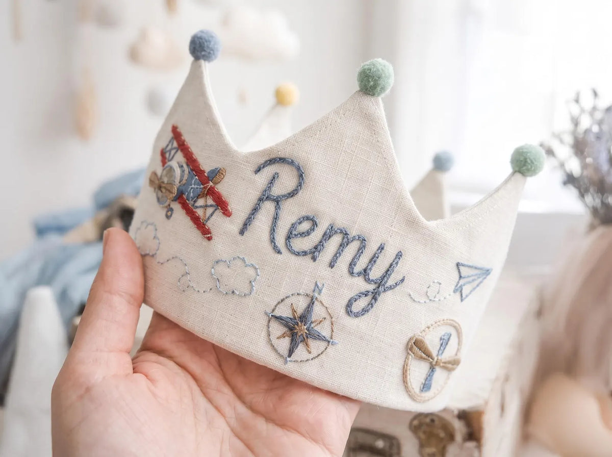 Personalized Birthday Crown, Hand Embroidered Airplane and Compass Party Hat, Custom Name Linen Crown, First Birthday Keepsake for Baby Boys