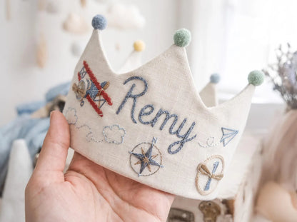 Personalized Birthday Crown, Hand Embroidered Airplane and Compass Party Hat, Custom Name Linen Crown, First Birthday Keepsake for Baby Boys