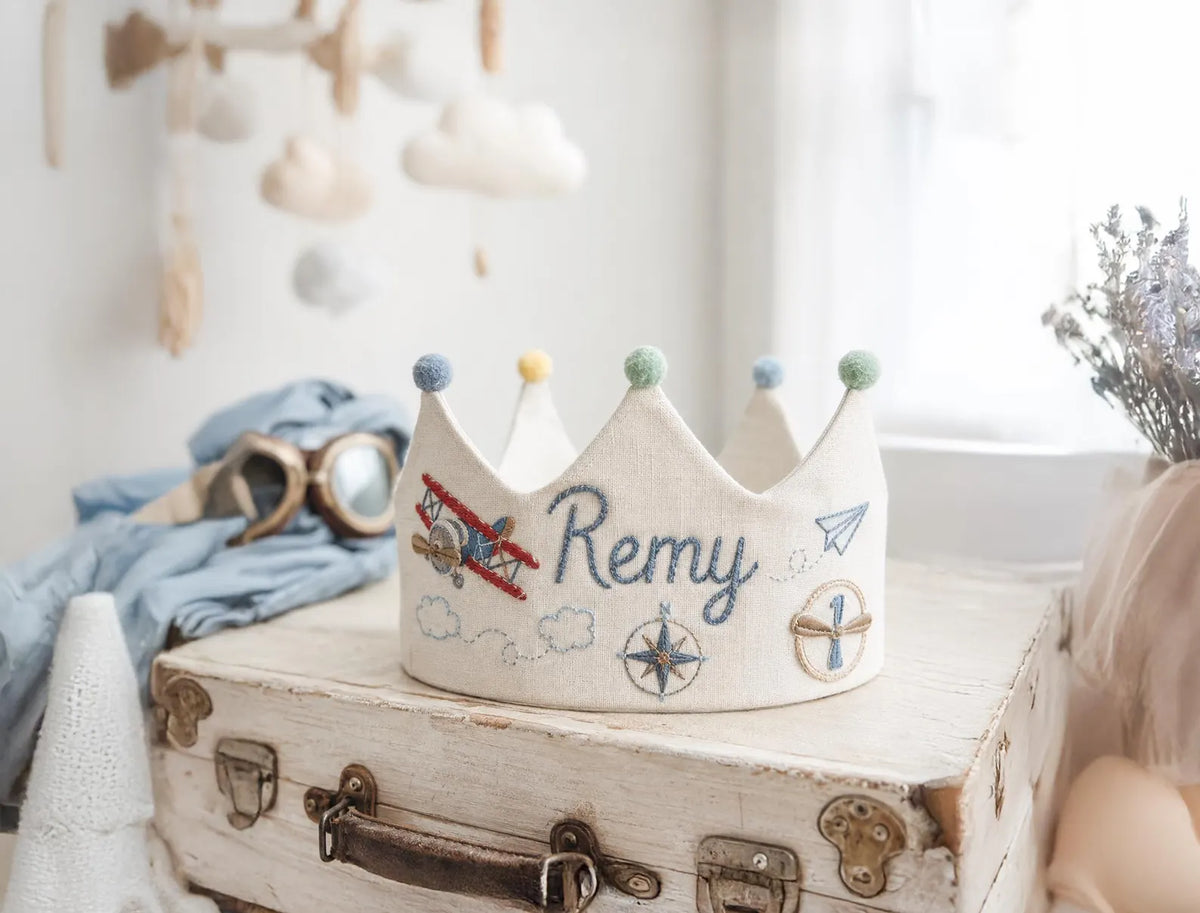 Personalized Birthday Crown, Hand Embroidered Airplane and Compass Party Hat, Custom Name Linen Crown, First Birthday Keepsake for Baby Boys