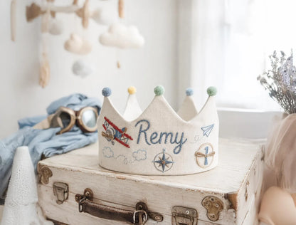 Personalized Birthday Crown, Hand Embroidered Airplane and Compass Party Hat, Custom Name Linen Crown, First Birthday Keepsake for Baby Boys