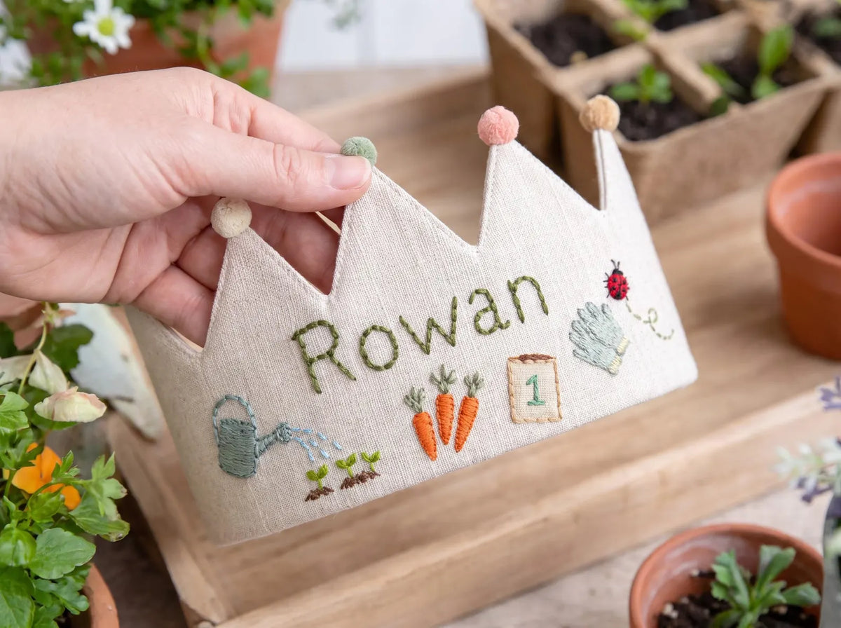 Personalized Birthday Crown, Hand Embroidered Garden Crown, Custom Name Linen Party Crown, First Birthday Keepsake Gift for Little Gardeners