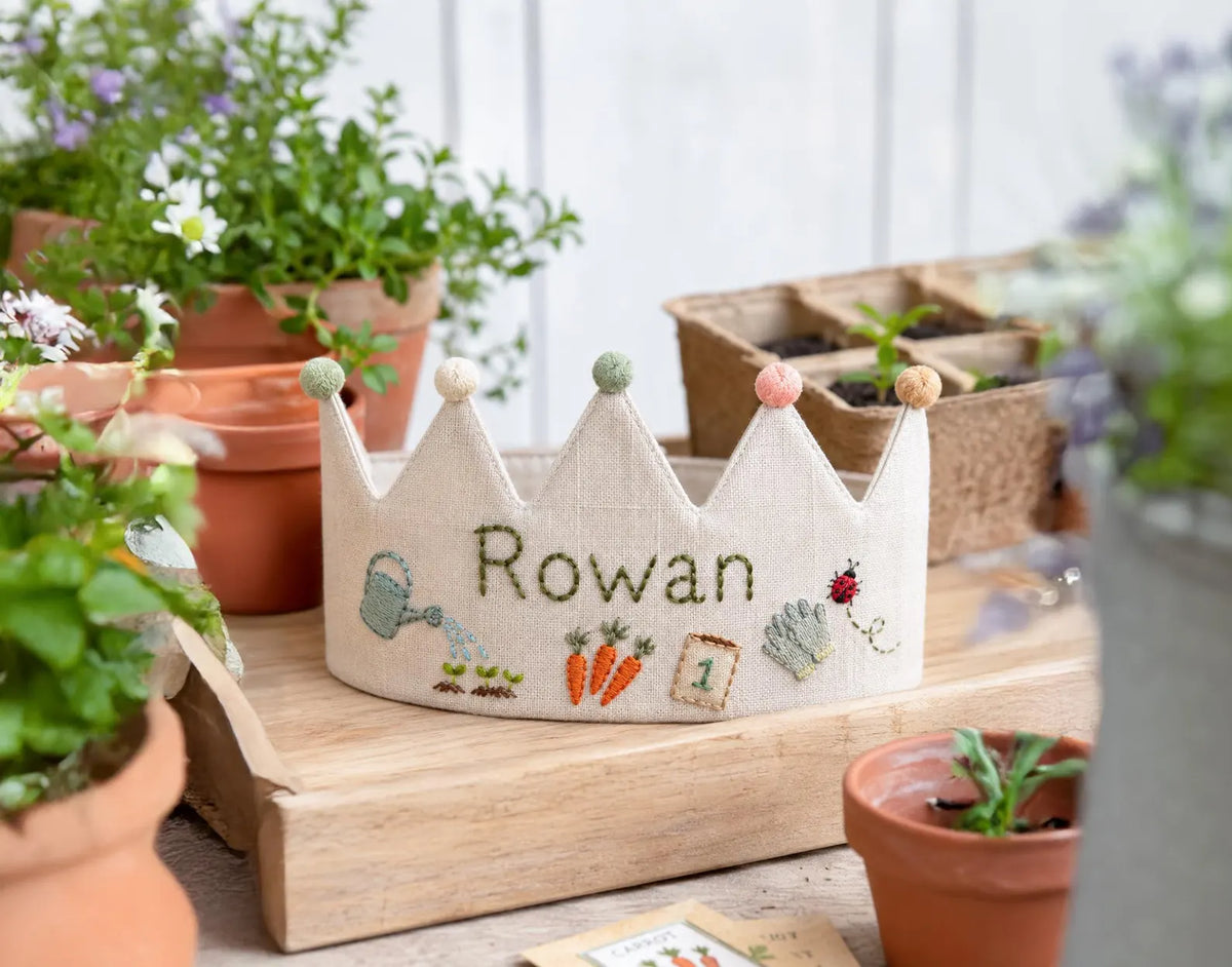 Personalized Birthday Crown, Hand Embroidered Garden Crown, Custom Name Linen Party Crown, First Birthday Keepsake Gift for Little Gardeners