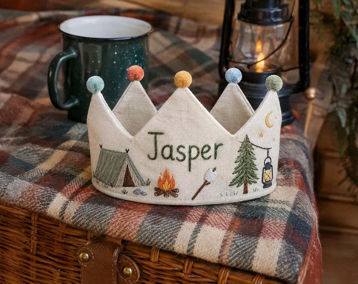 Personalized Birthday Crown, Hand Embroidered Camping Crown, Custom Name Linen Party Hat, Campfire Birthday Keepsake Gift for Little Campers