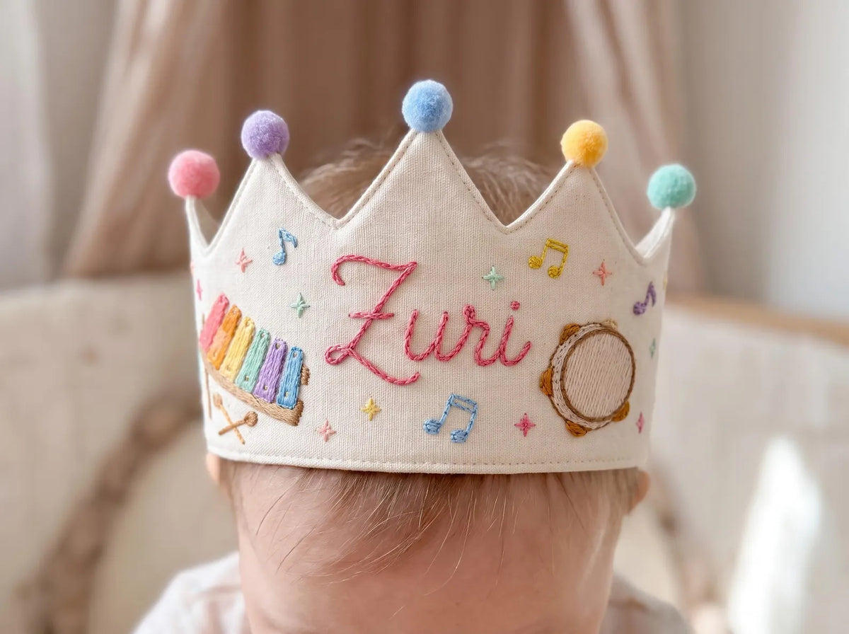 Personalized Birthday Crown, Hand Embroidered Music Crown, Custom Name Linen Party Hat, Xylophone and Tambourine Birthday Keepsake for a Kid