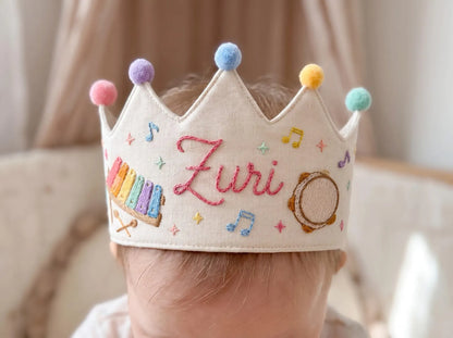 Personalized Birthday Crown, Hand Embroidered Music Crown, Custom Name Linen Party Hat, Xylophone and Tambourine Birthday Keepsake for a Kid