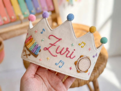 Personalized Birthday Crown, Hand Embroidered Music Crown, Custom Name Linen Party Hat, Xylophone and Tambourine Birthday Keepsake for a Kid