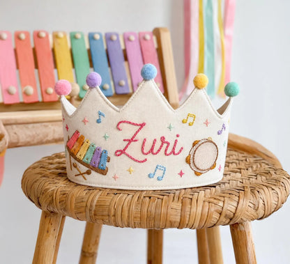Personalized Birthday Crown, Hand Embroidered Music Crown, Custom Name Linen Party Hat, Xylophone and Tambourine Birthday Keepsake for a Kid