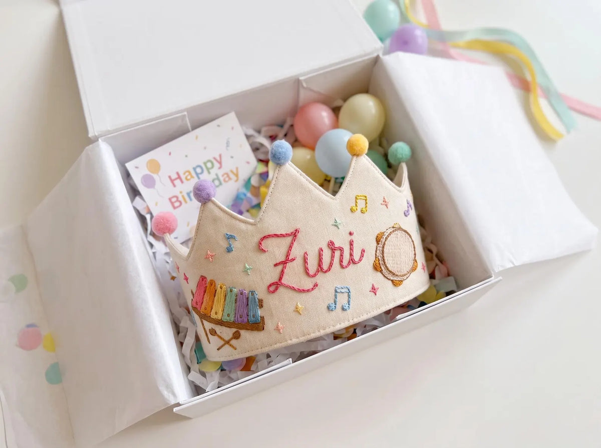 Personalized Birthday Crown, Hand Embroidered Music Crown, Custom Name Linen Party Hat, Xylophone and Tambourine Birthday Keepsake for a Kid