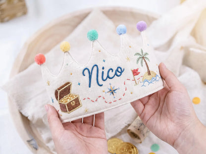 Personalized Birthday Crown, Hand Embroidered Treasure Hunt Crown, Custom Name Linen Party Hat, Pirate Birthday Keepsake Gift for Young Kids
