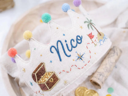Personalized Birthday Crown, Hand Embroidered Treasure Hunt Crown, Custom Name Linen Party Hat, Pirate Birthday Keepsake Gift for Young Kids