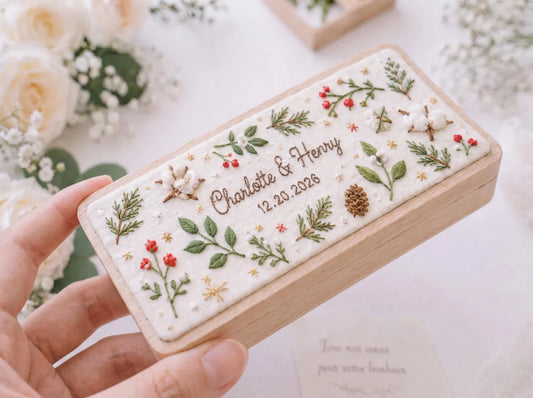 Personalized Christmas Wedding Ring Box, Hand Embroidered Wooden Ring Holder, Custom Names and Date, Winter Botanical Heirloom Keepsake Gift