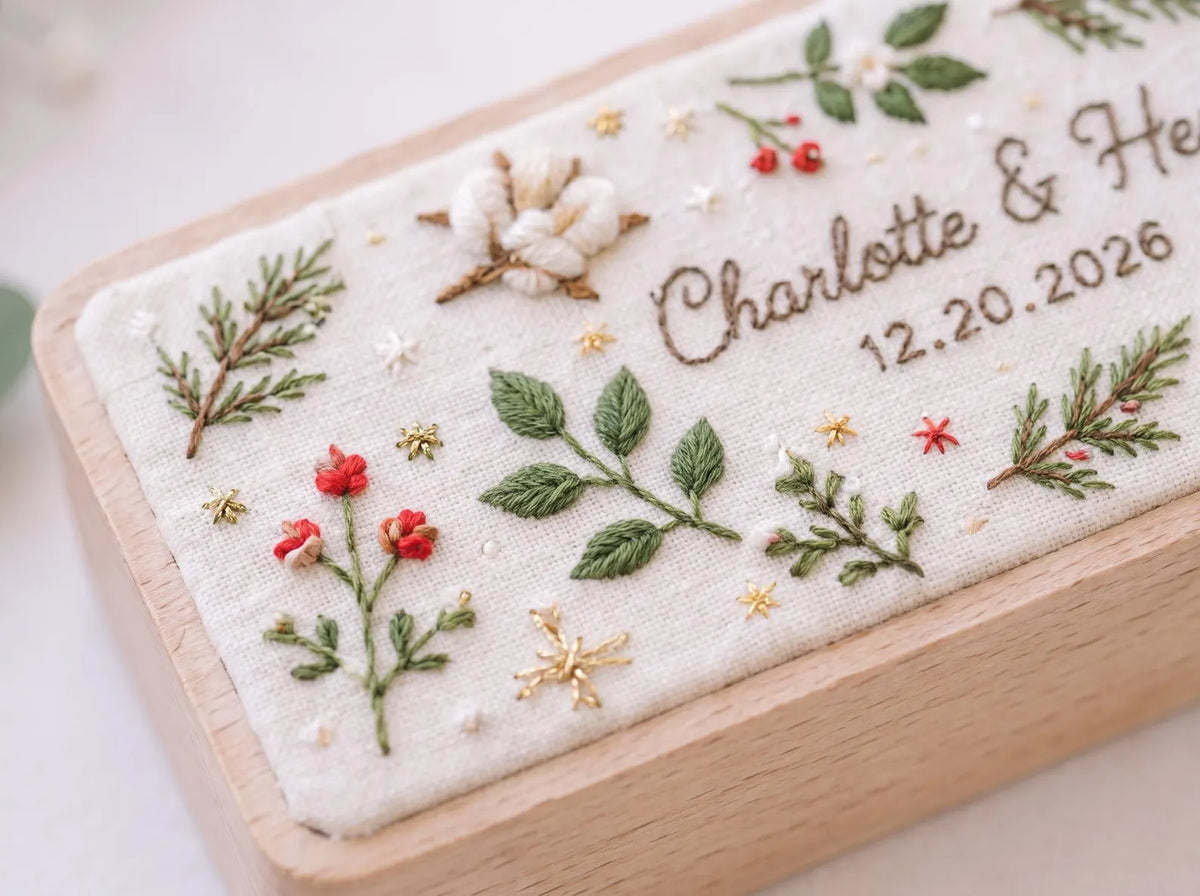 Personalized Christmas Wedding Ring Box, Hand Embroidered Wooden Ring Holder, Custom Names and Date, Winter Botanical Heirloom Keepsake Gift