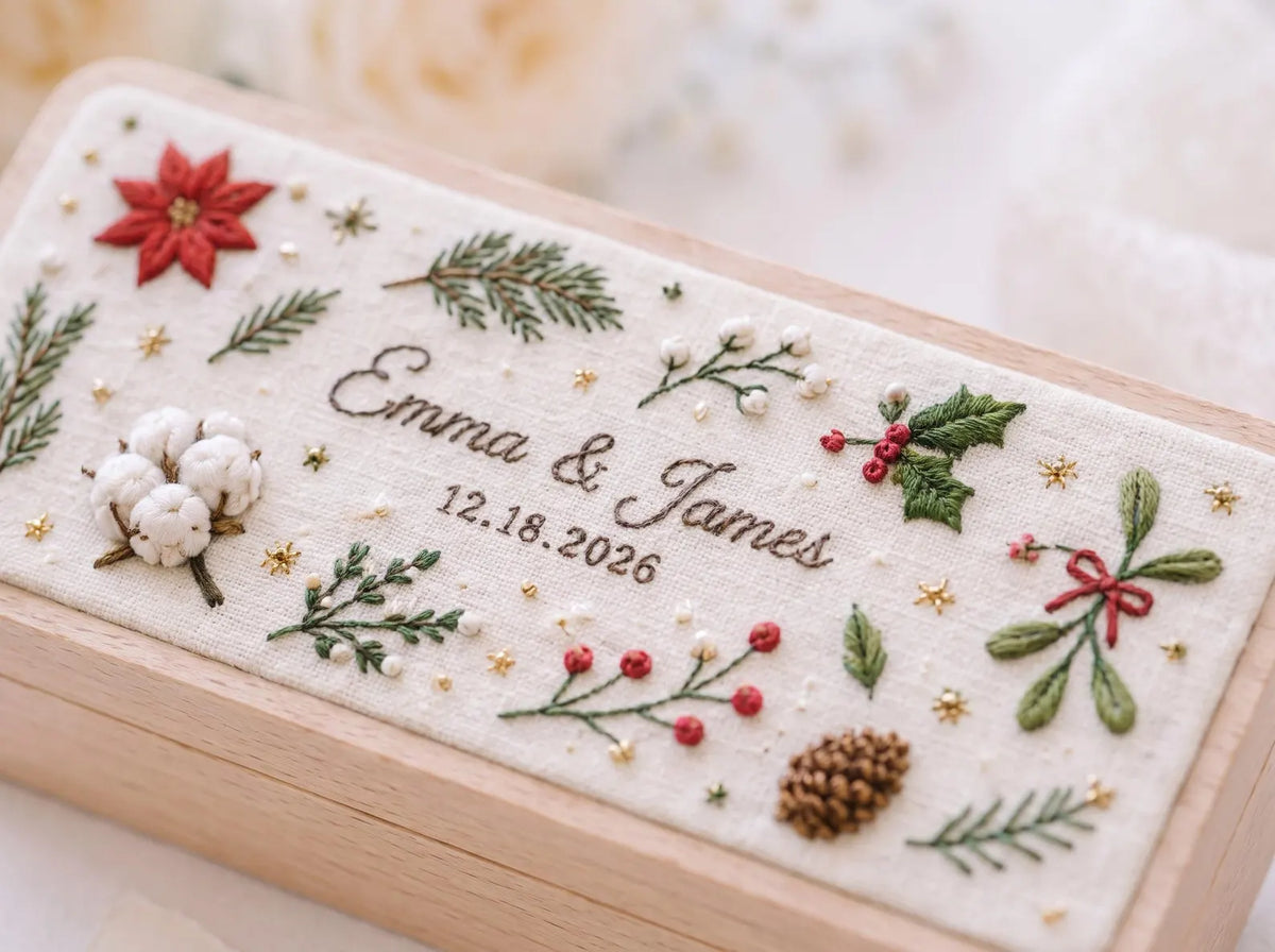 Personalized Christmas Wedding Ring Box, Hand Embroidered Wooden Ring Holder, Poinsettia Holly and Mistletoe, Custom Names and Date Gift Box