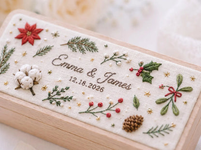 Personalized Christmas Wedding Ring Box, Hand Embroidered Wooden Ring Holder, Poinsettia Holly and Mistletoe, Custom Names and Date Gift Box