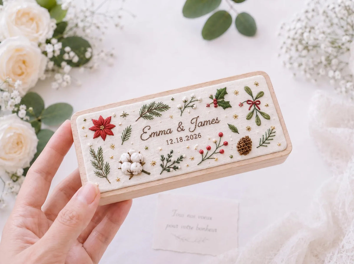 Personalized Christmas Wedding Ring Box, Hand Embroidered Wooden Ring Holder, Poinsettia Holly and Mistletoe, Custom Names and Date Gift Box