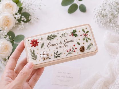 Personalized Christmas Wedding Ring Box, Hand Embroidered Wooden Ring Holder, Poinsettia Holly and Mistletoe, Custom Names and Date Gift Box