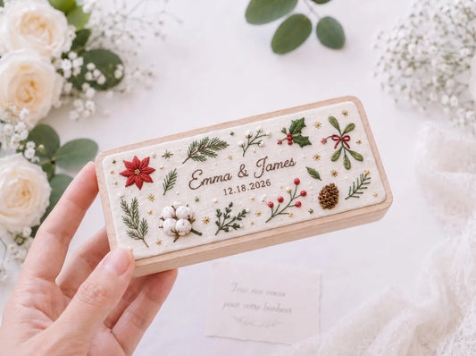 Personalized Christmas Wedding Ring Box, Hand Embroidered Wooden Ring Holder, Poinsettia Holly and Mistletoe, Custom Names and Date Gift Box