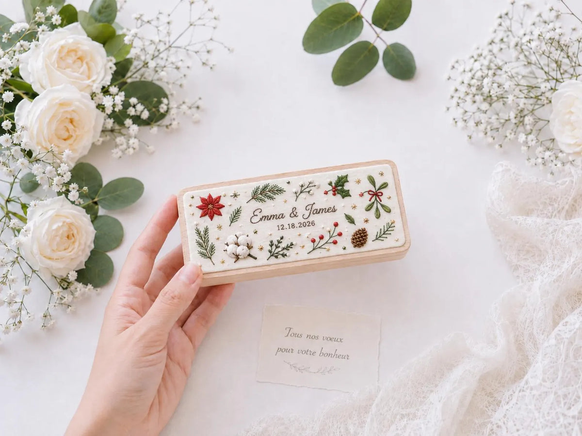 Personalized Christmas Wedding Ring Box, Hand Embroidered Wooden Ring Holder, Poinsettia Holly and Mistletoe, Custom Names and Date Gift Box