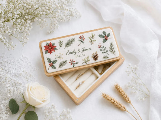 Personalized Christmas Wedding Ring Box, Hand Embroidered Poinsettia Holly and Pinecones, Custom Names and Date, Wooden Bridal Keepsake Gift