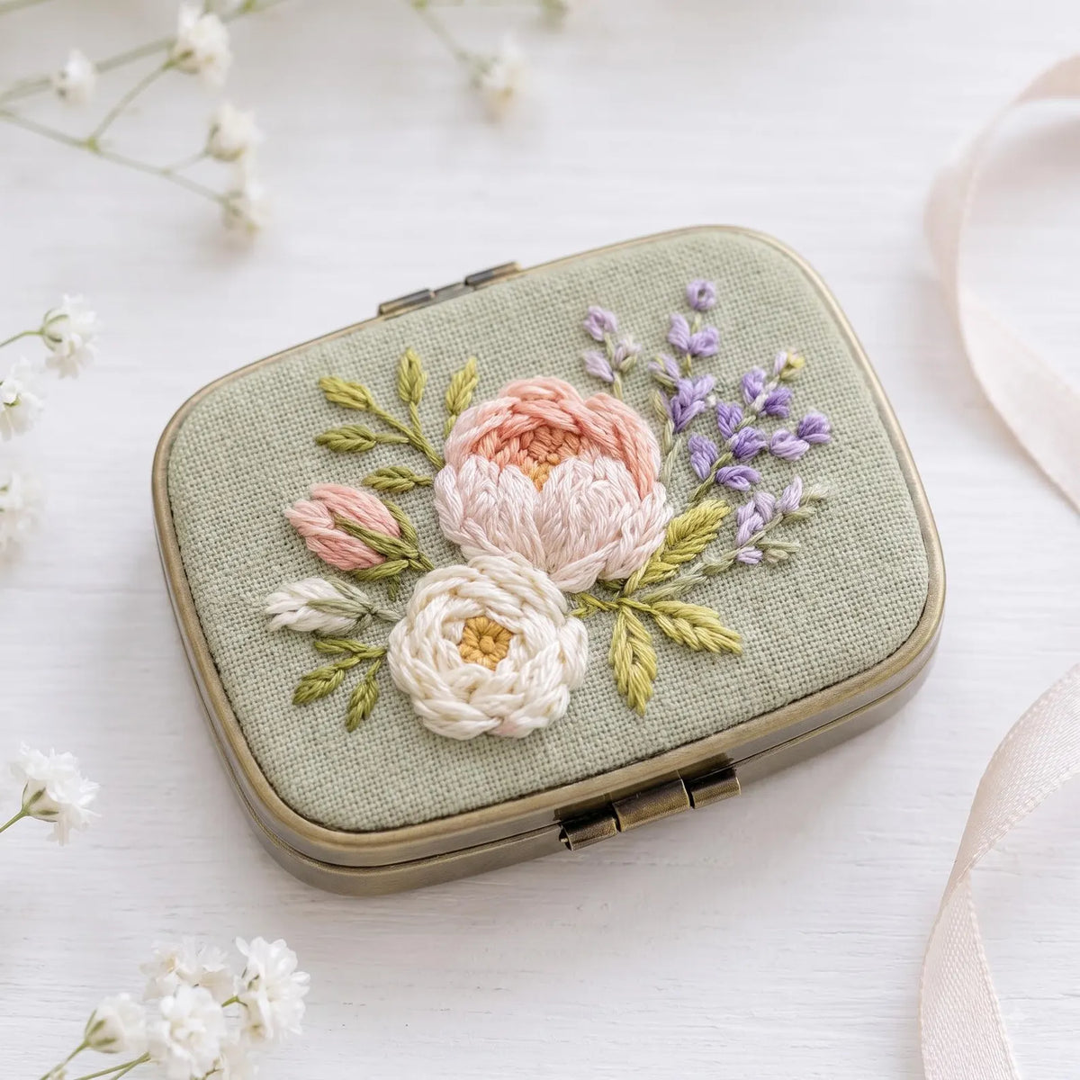 Hand Embroidered Floral Jewelry Box, Personalized Linen Ring Box, Vintage Mini Keepsake Case, Bridesmaid Gift, Wedding Ring Holder
