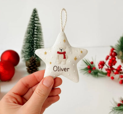 Personalized Christmas Star Ornament Hand Embroidered Polar Bear with Custom Name, Baby’s First Christmas Keepsake, Christmas Decoration