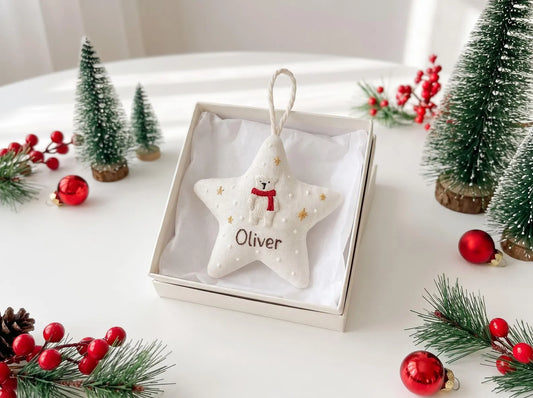 Personalized Christmas Star Ornament Hand Embroidered Polar Bear with Custom Name, Baby’s First Christmas Keepsake, Christmas Decoration