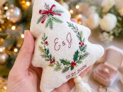 Personalized Christmas Tree Shaped Wedding Ornament, Hand Embroidered Linen Keepsake, Custom Initials & Date, First Christmas Married Gift