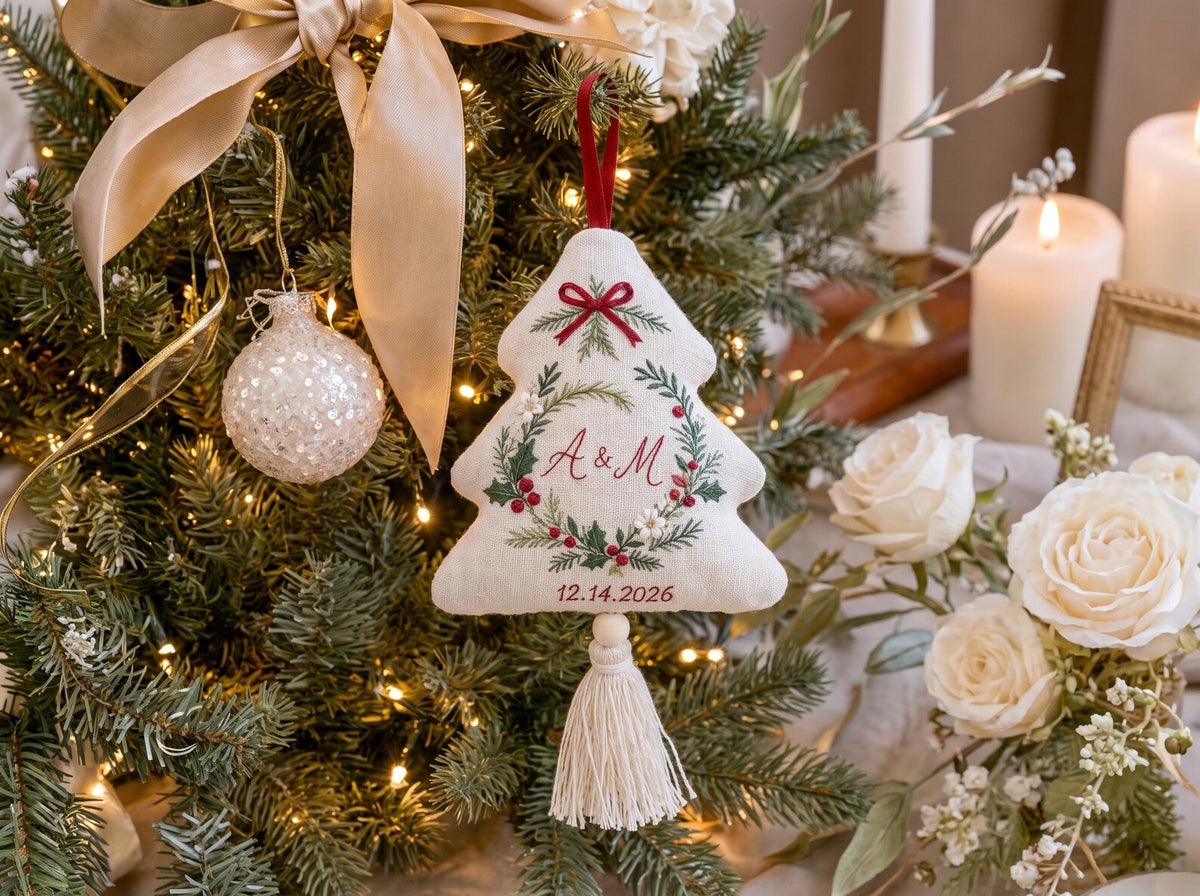 Personalized Christmas Tree Shaped Wedding Ornament, Hand Embroidered Linen Keepsake, Custom Initials & Date, First Christmas Married Gift