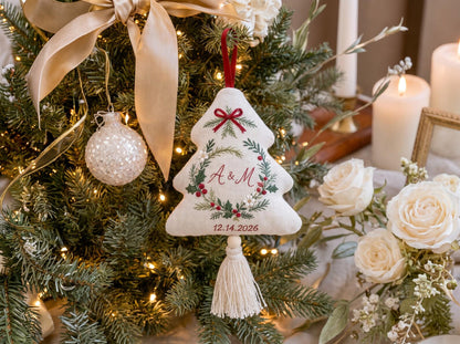Personalized Christmas Tree Shaped Wedding Ornament, Hand Embroidered Linen Keepsake, Custom Initials & Date, First Christmas Married Gift