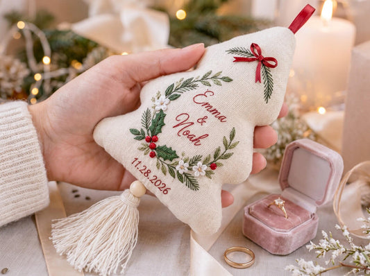 Personalized Christmas Tree Shaped Wedding Ornament, Hand Embroidered Linen Keepsake, Custom Names & Wedding Date, Newlywed Christmas Gift