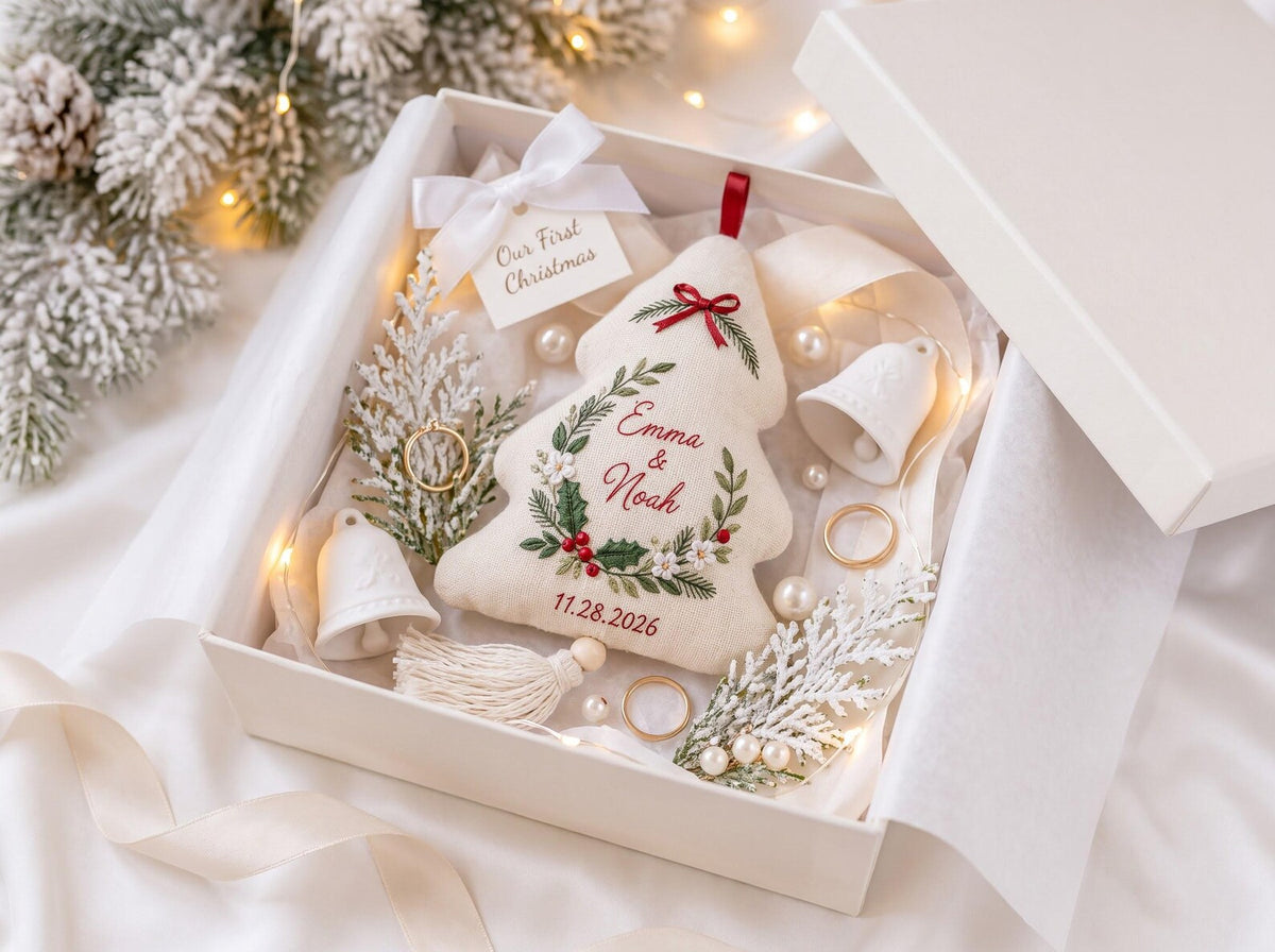 Personalized Christmas Tree Shaped Wedding Ornament, Hand Embroidered Linen Keepsake, Custom Names & Wedding Date, Newlywed Christmas Gift