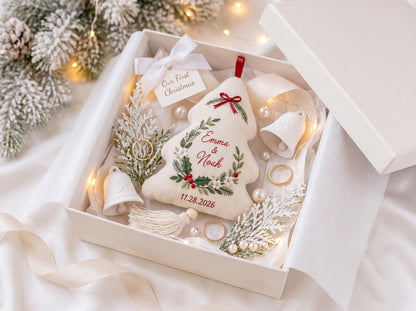 Personalized Christmas Tree Shaped Wedding Ornament, Hand Embroidered Linen Keepsake, Custom Names & Wedding Date, Newlywed Christmas Gift