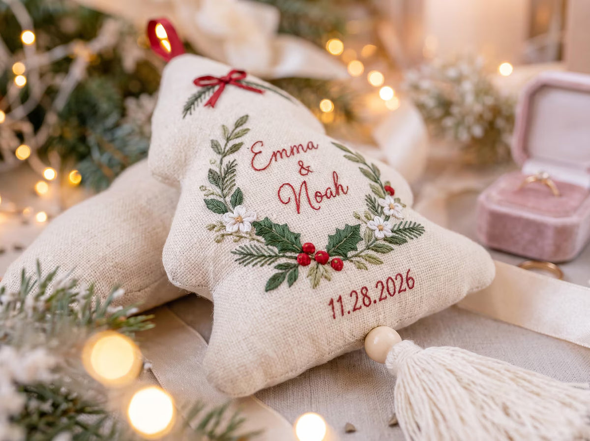 Personalized Christmas Tree Shaped Wedding Ornament, Hand Embroidered Linen Keepsake, Custom Names & Wedding Date, Newlywed Christmas Gift