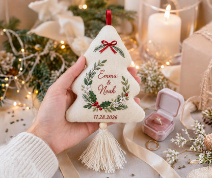Personalized Christmas Tree Shaped Wedding Ornament, Hand Embroidered Linen Keepsake, Custom Names & Wedding Date, Newlywed Christmas Gift