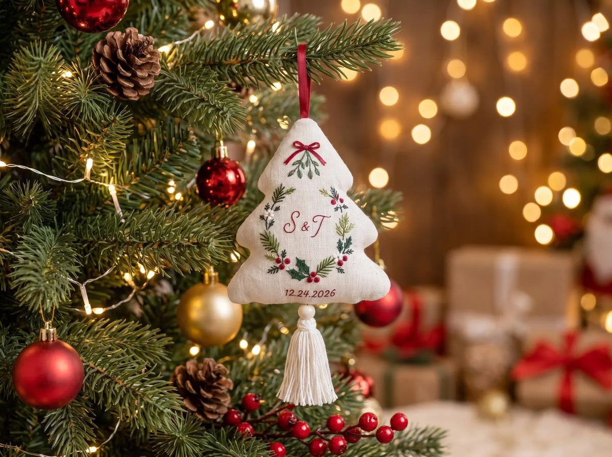 Personalized Christmas Tree Shaped Wedding Ornament, Hand Embroidered Linen Wreath, Custom Initials & Date, First Christmas Couple Keepsake
