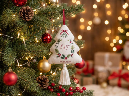 Personalized Christmas Tree Shaped Wedding Ornament, Hand Embroidered Linen Wreath, Custom Initials & Date, First Christmas Couple Keepsake