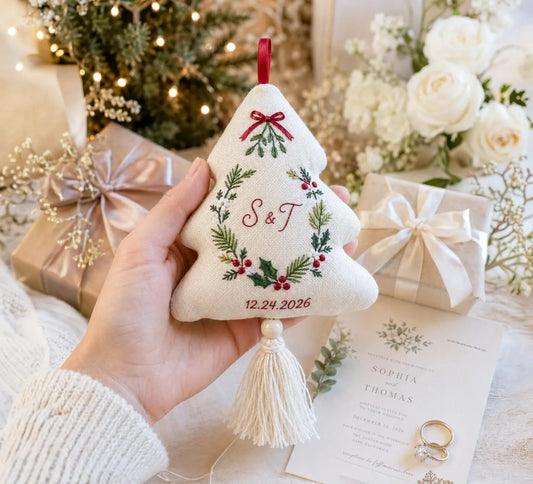 Personalized Christmas Tree Shaped Wedding Ornament, Hand Embroidered Linen Wreath, Custom Initials & Date, First Christmas Couple Keepsake